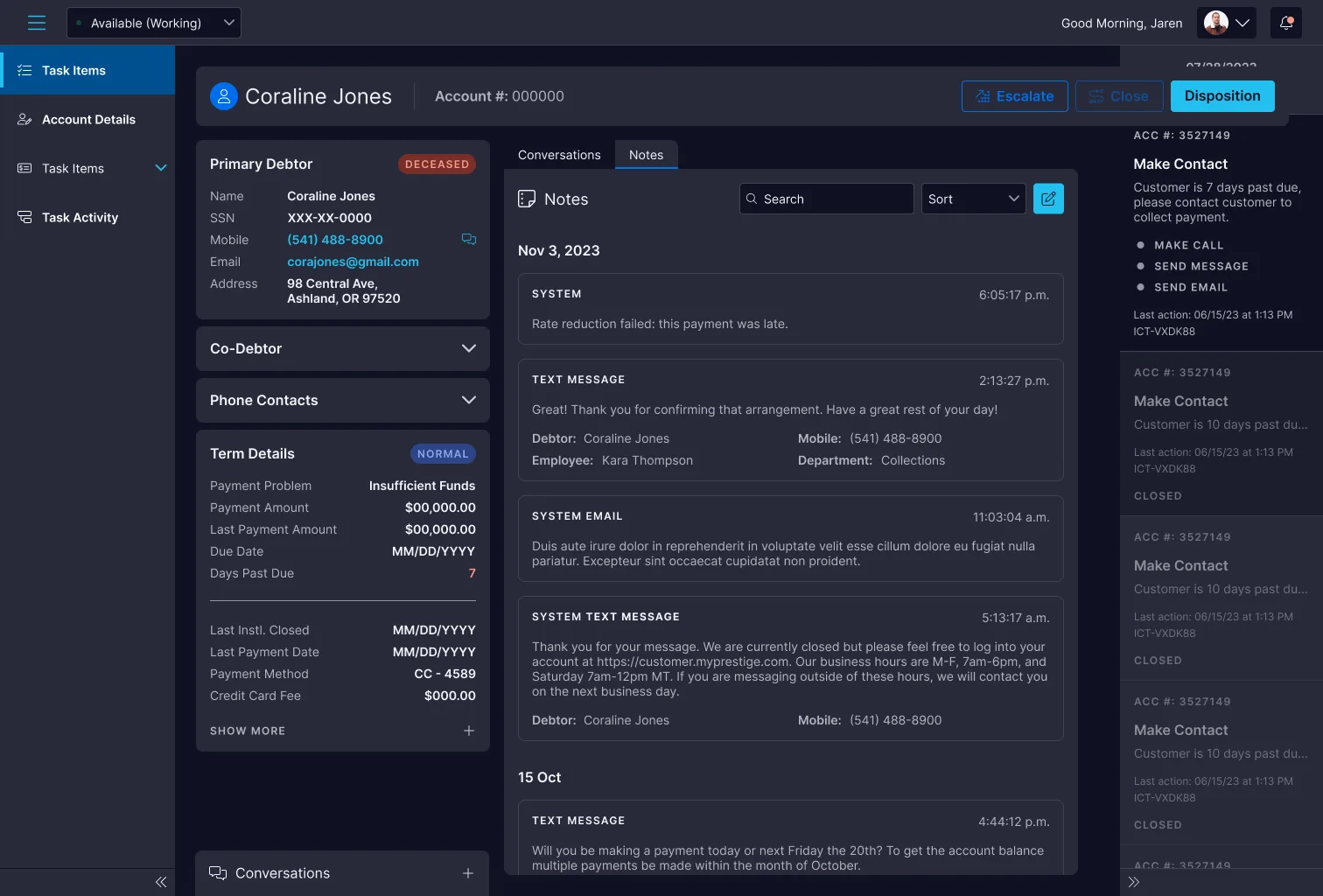 Service Center agent workspace, an account's task view with the live 'Make Contact' task queue on the right