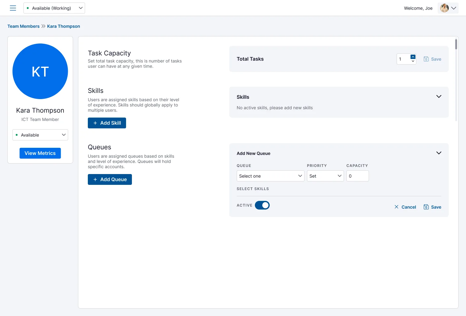 Service Center team-member settings, showing task capacity, assignable skills, and skills-based queues for an agent